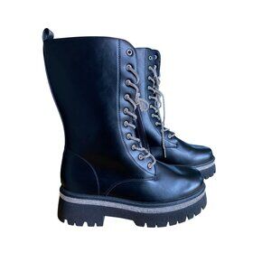 Black Combat Style Platform Boots With Rhinestone Trim & Side Zippers